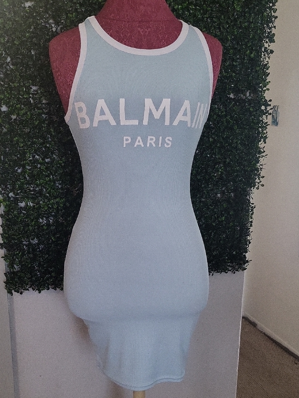 Balmain Light Blue and White Ribbed Logo Tank Dress